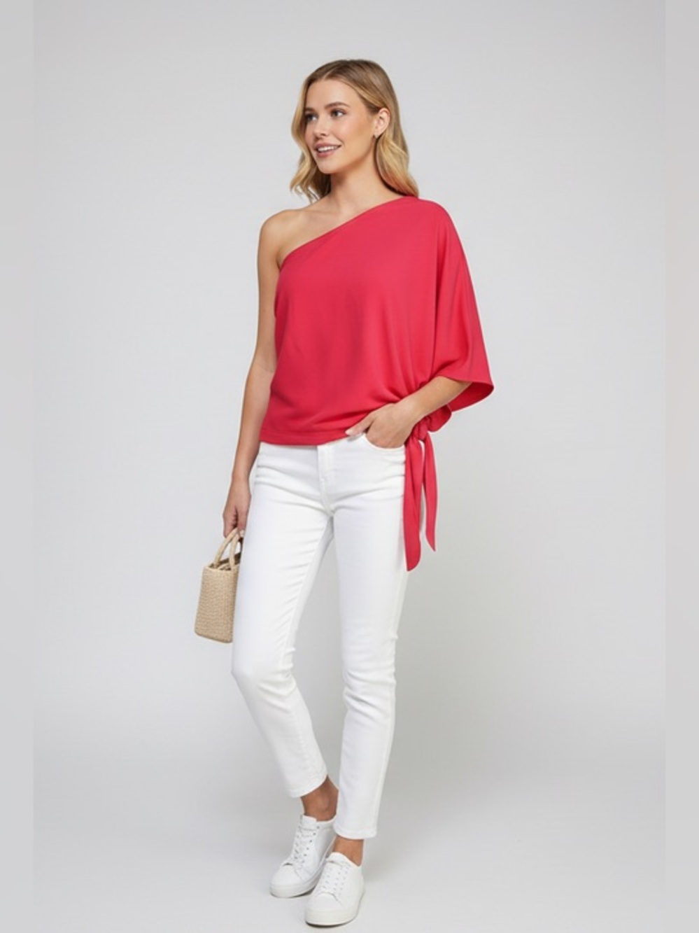 SASHAY ONE-SHOULDER FUCHSIA WAIST TIE TOP